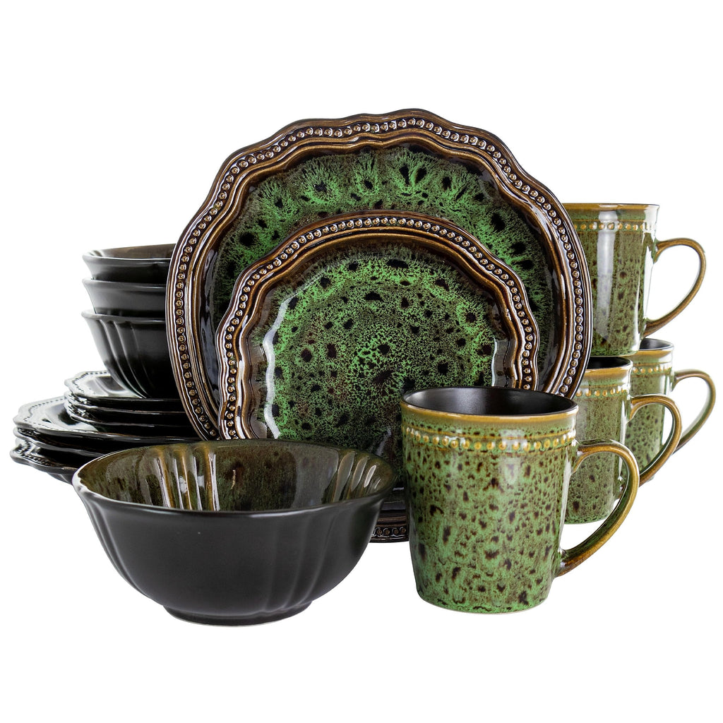 Elama Jade Green 16-Piece Round Stoneware Dinnerware Set – Oval Accents Service for 4