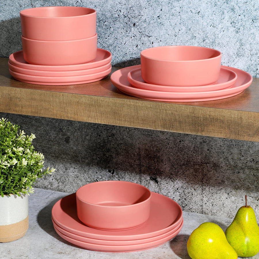 Gibson Home Canyon Crest 12-Piece Stackable Matte Melamine Dinnerware Set, Rose Red (Service for 4)