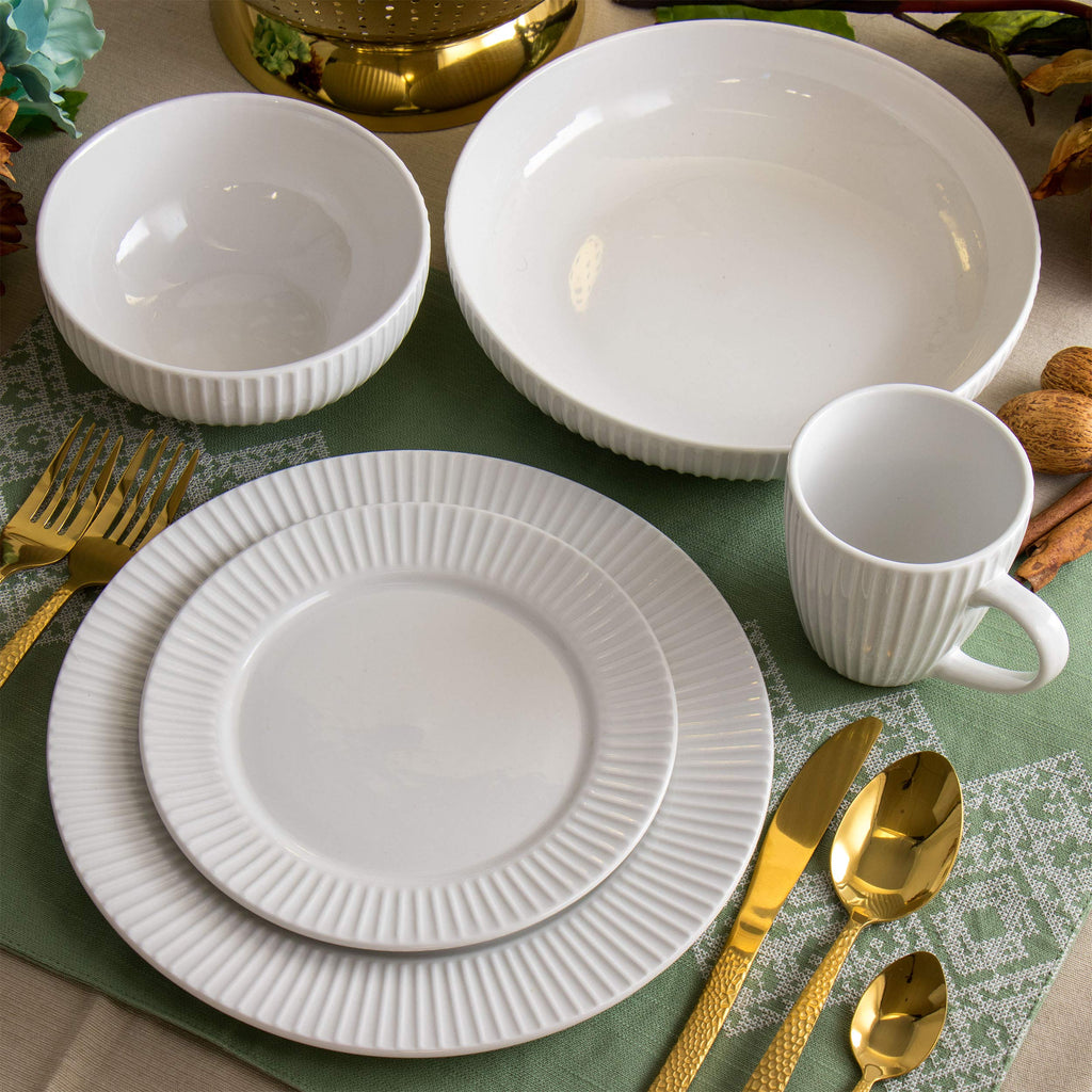 Elama Elle 18-Piece Porcelain Dinnerware Set with 2 Large Serving Bowls – White Textured Plates, Service for 4