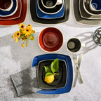 Gibson Soho Lounge Square 16-Piece Reactive Glaze Stoneware Dinnerware Set – Black & White Modern Service for 4