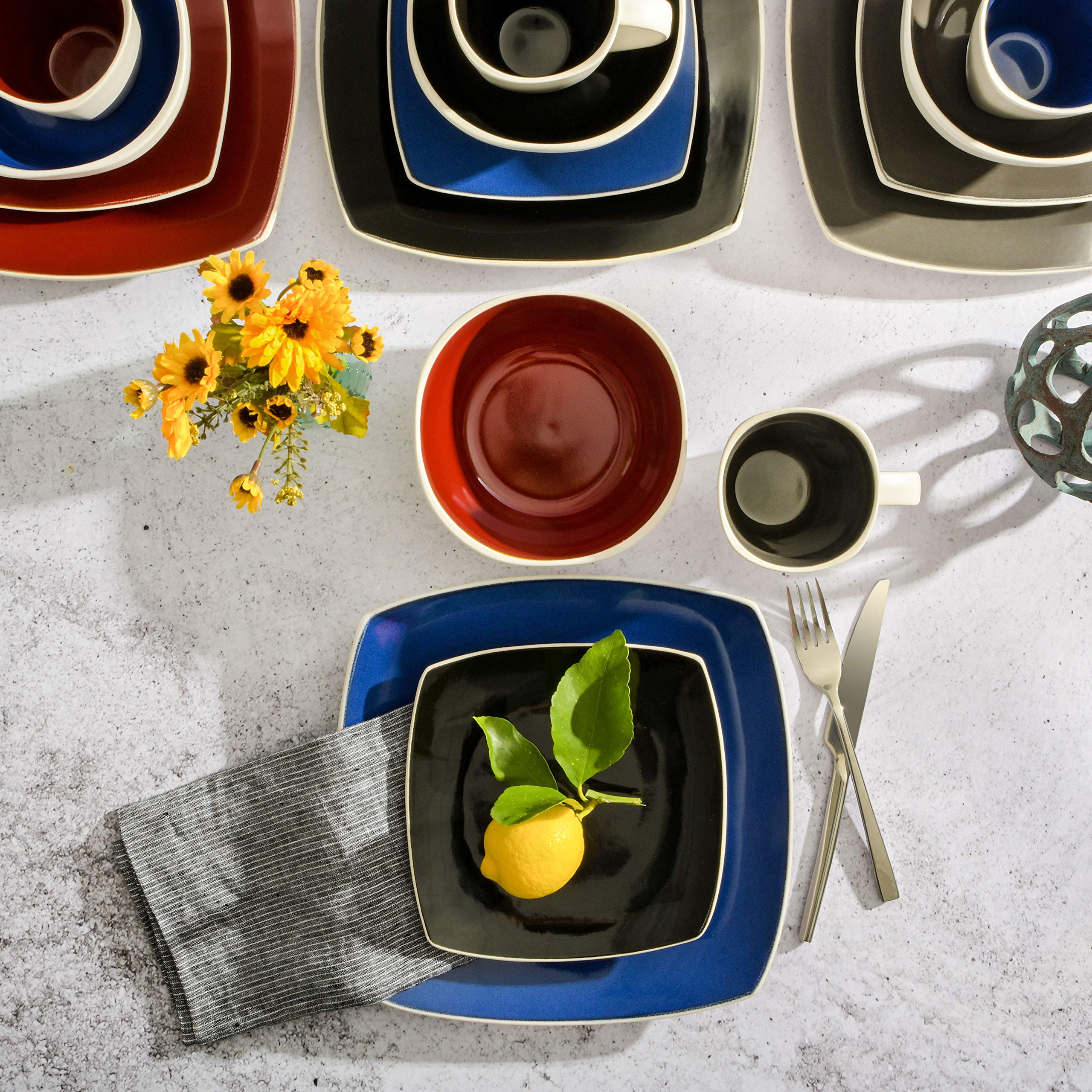 Gibson Soho Lounge Square 16-Piece Reactive Glaze Stoneware Dinnerware Set – Black & White Modern Service for 4