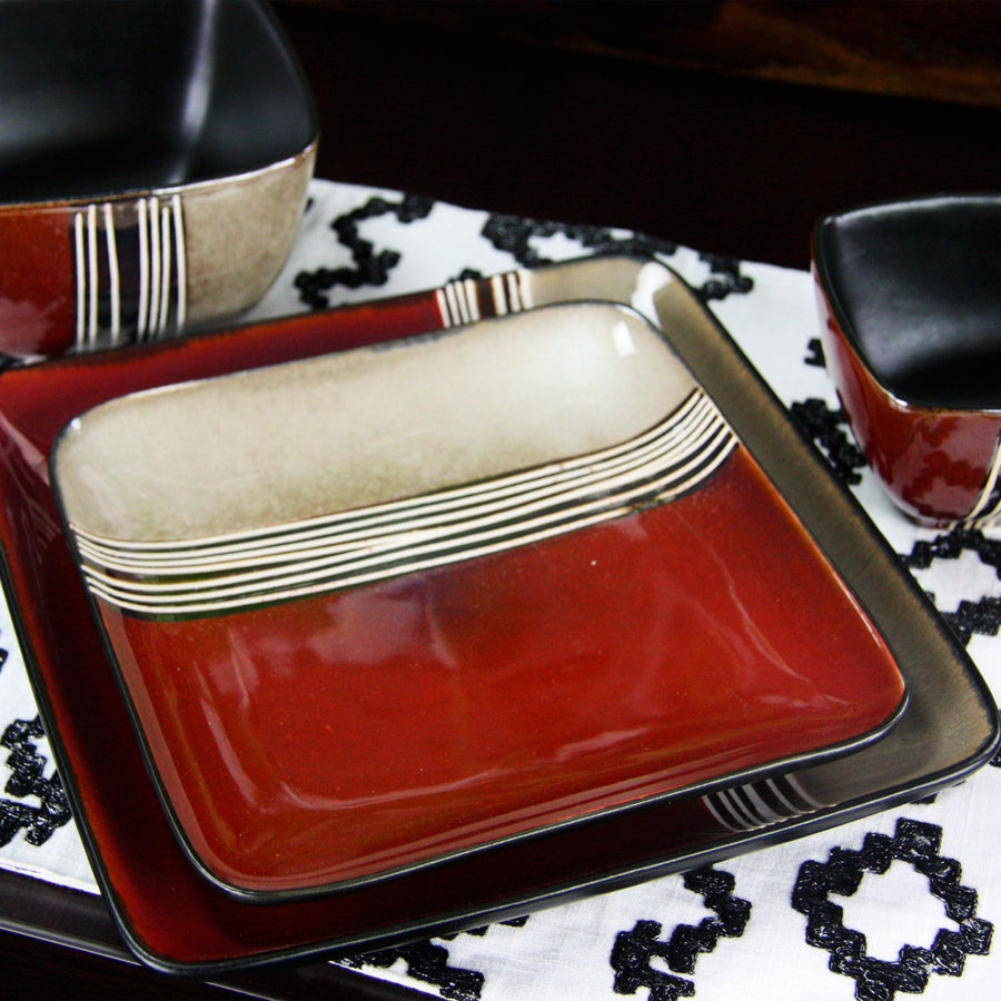 Square Stoneware Dinnerware Set for 4, 16 Piece Double Bowl, Bold Color Block Design, Elama Downtown Loft