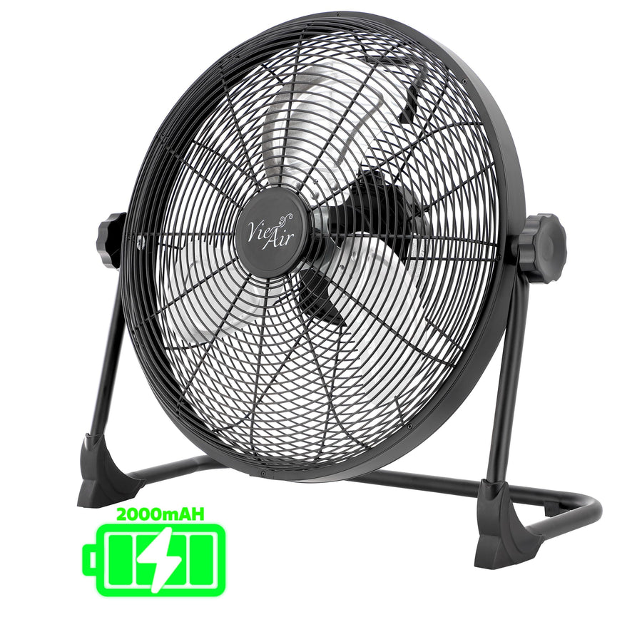 Vie Air 16 Inch Rechargeable Indoor/Outdoor Floor Fan, IPX4 Water-Resistant, Metal Blades with LED Light, Black