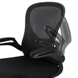 Elama black office chair armrest detail, showing the padded arm beside the mesh back