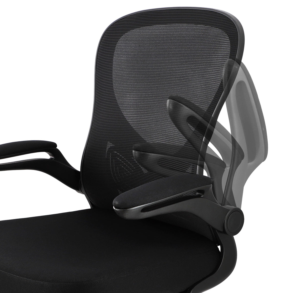Elama black office chair armrest detail, showing the padded arm beside the mesh back