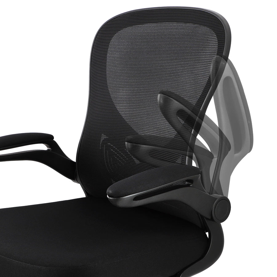 Elama black office chair armrest detail, showing the padded arm beside the mesh back