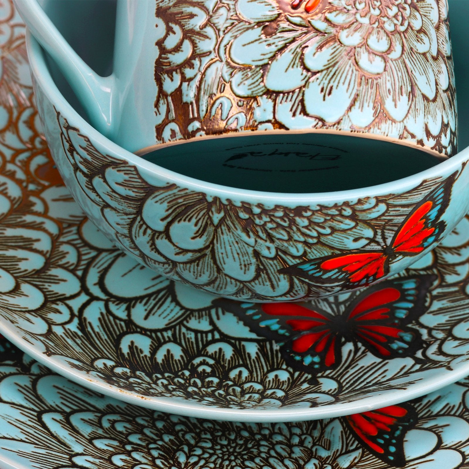 Elama Butterfly Garden 16-Piece Stoneware Dinnerware Set – Floral Service for 4 with Plates, Bowls & Mugs (Microwave & Dishwasher Safe)