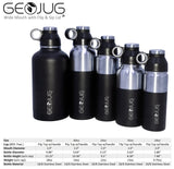 GeoJug insulated water bottle size and spec chart