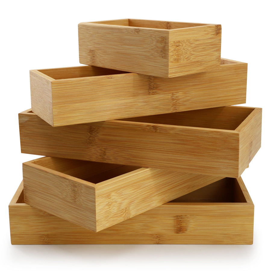 Five bamboo storage trays stacked