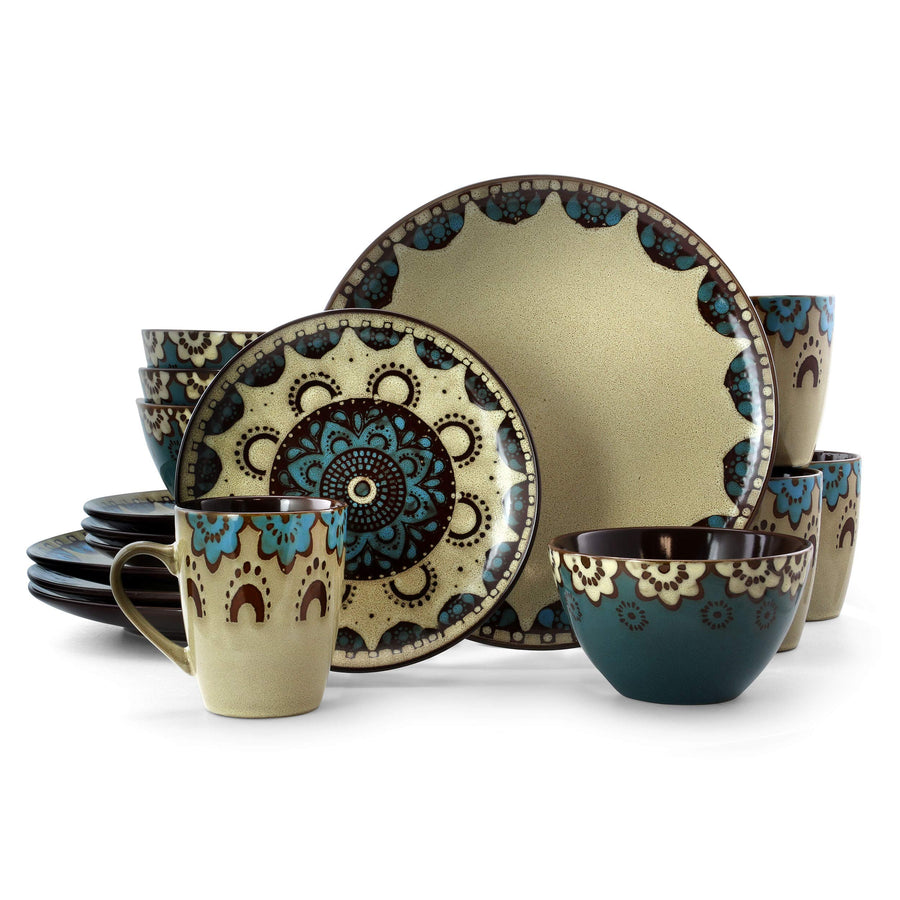 Elama Clay Hart 16-Piece Round Stoneware Dinnerware Set, Tan & Blue - Service for 4