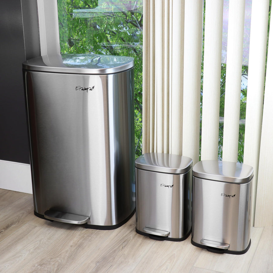 Stainless steel step trash can set in a living room