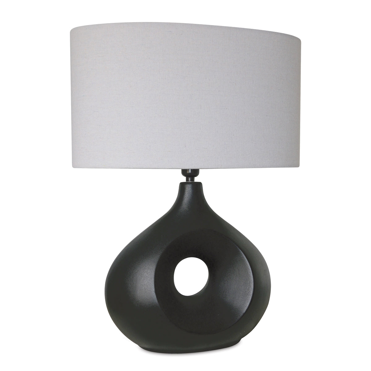 Modern table lamp with a black and grey ceramic base in a circle design and a linen shade
