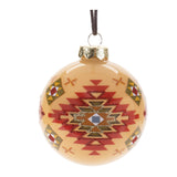 Six glass ball Christmas ornaments with Western Aztec patterns, glitter touches, and braided cord hangers
