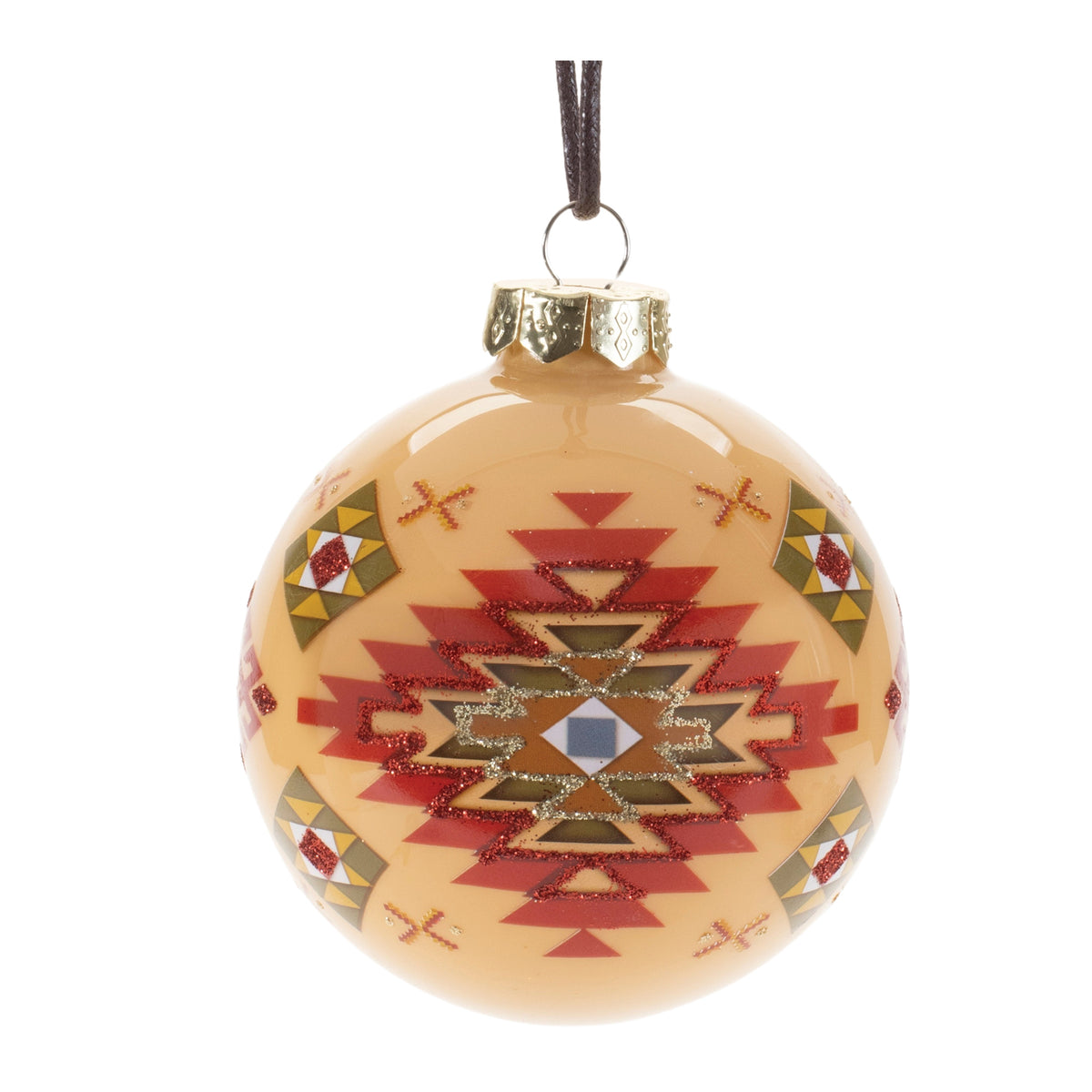 Six glass ball Christmas ornaments with Western Aztec patterns, glitter touches, and braided cord hangers