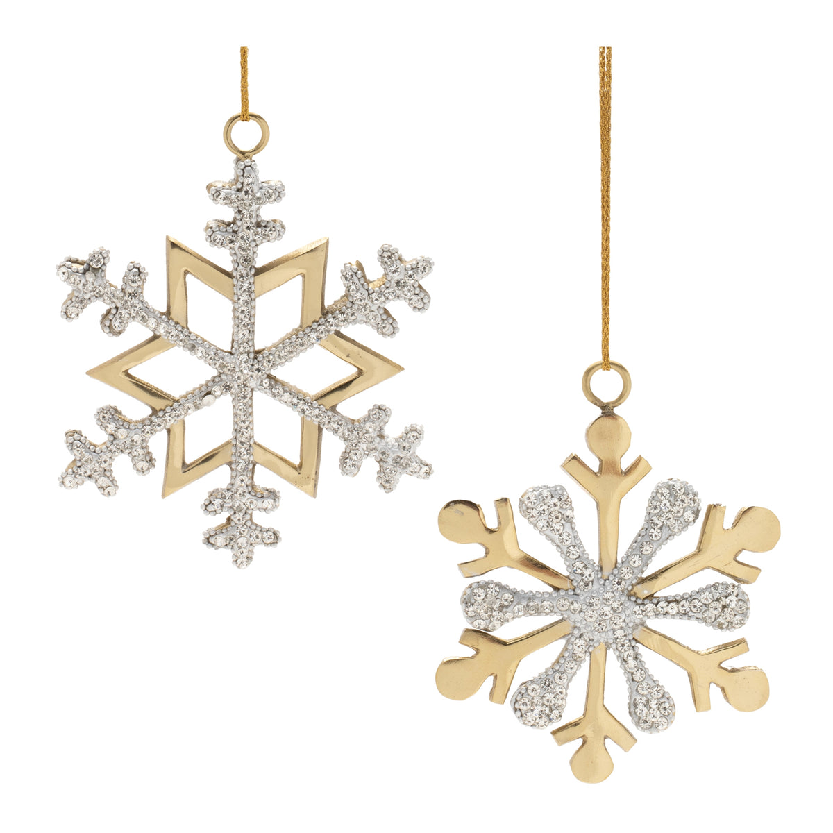 Jeweled Metal Snowflake Ornament Set of 2 - Gold and Gray Aluminum, Two Sizes with String Hangers for the Christmas Tree