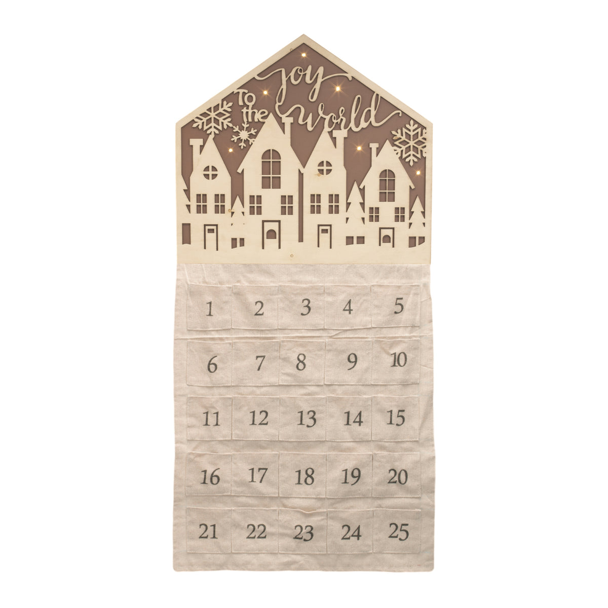 Tall brown and beige Joy to the World Christmas countdown sign with a village scene and LED glow