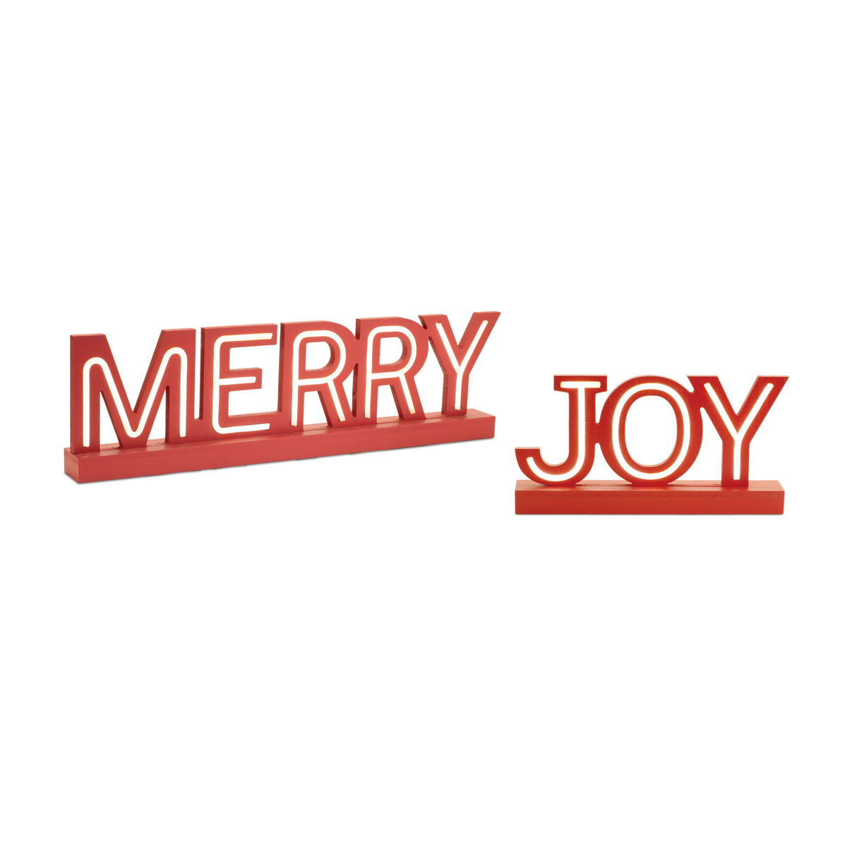 LED Joy and Merry Tabletop Sign Set of 2 - Red and White Lit MDF Words, USB Cord Included Christmas Decor