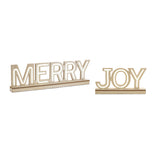 Two white LED lighted tabletop signs spelling Merry and Joy