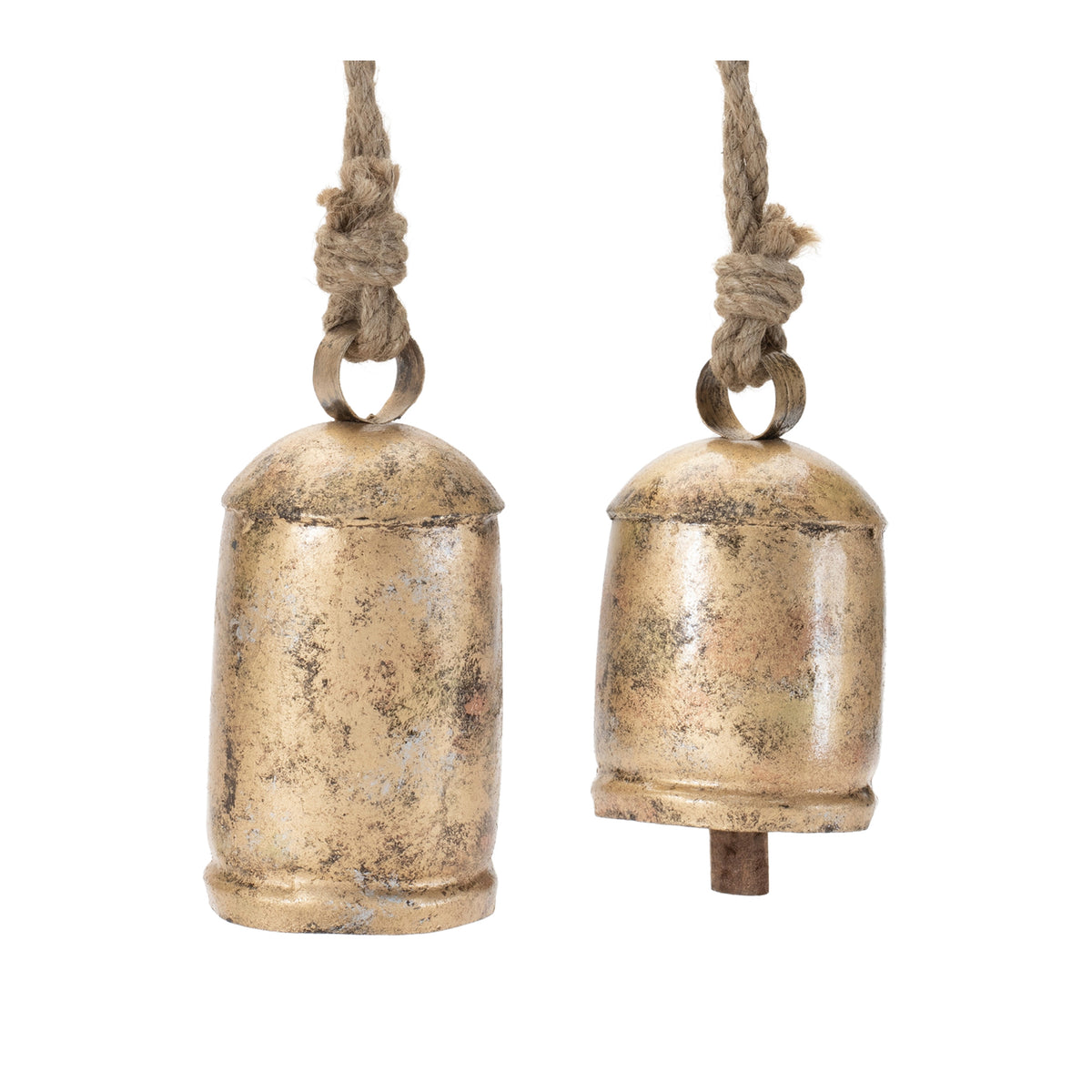 distressed gold cone bell christmas ornaments set of 2 with natural wood clapper and jute rope loop 5.5 in and 6.5 in