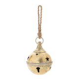 Distressed Gold Metal Sleigh Bell Christmas Ornaments, close-up of the design and finish, Christmas tree ornaments