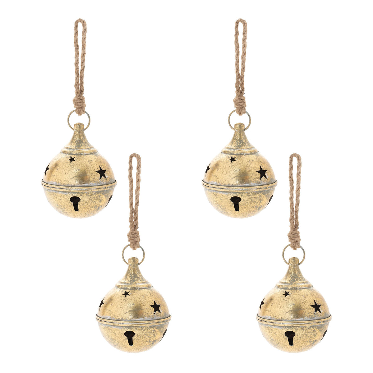 distressed gold metal sleigh bell christmas ornaments set of 4 7.75 in with star cut-outs and jute rope loops, full set shown together