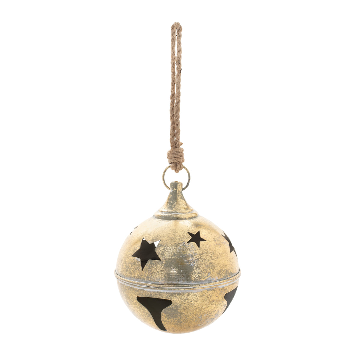Distressed Gold Metal Sleigh Bell Christmas Ornaments, close-up of the design and finish, Christmas tree ornaments