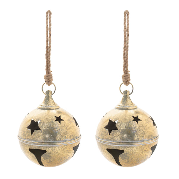 distressed gold metal sleigh bell christmas ornaments set of 2 10.5 in with star cut-outs and jute rope hanger, full set shown together