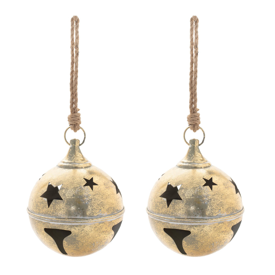 distressed gold metal sleigh bell christmas ornaments set of 2 10.5 in with star cut-outs and jute rope hanger, full set shown together