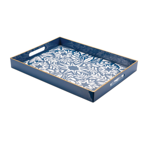Rectangular blue and white North Star print tray with winter botanicals and metallic trim