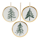 ceramic pine tree disc christmas ornaments set of 12 white green gold rim with white ribbon hangers