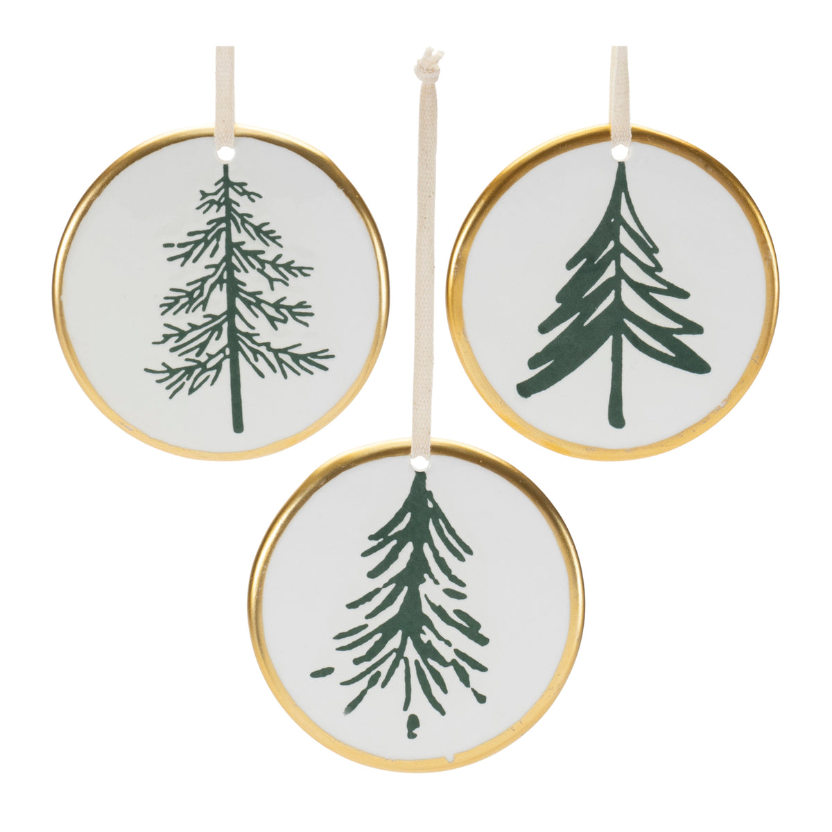 ceramic pine tree disc christmas ornaments set of 12 white green gold rim with white ribbon hangers