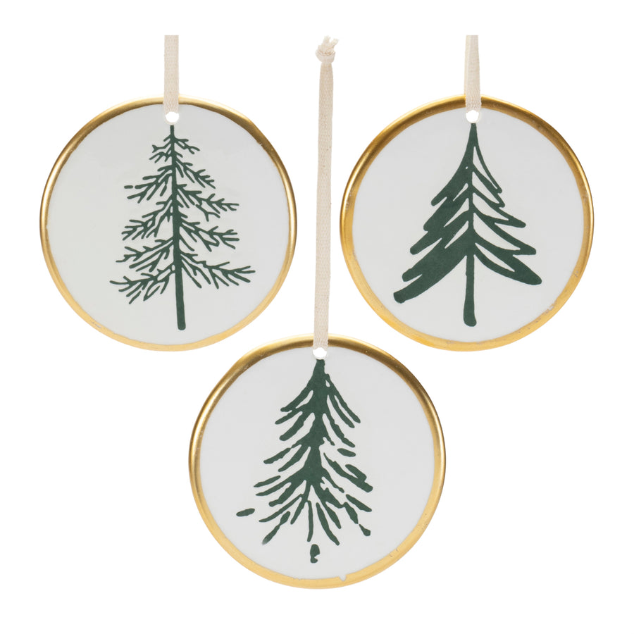 ceramic pine tree disc christmas ornaments set of 12 white green gold rim with white ribbon hangers