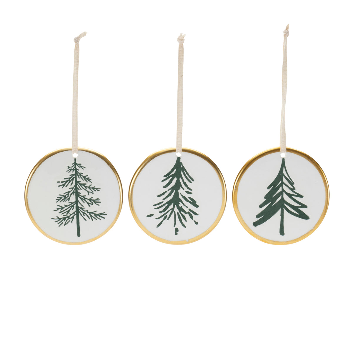 Ceramic Pine Tree Disc Christmas Ornaments, single ornament with hanger, Christmas tree decoration