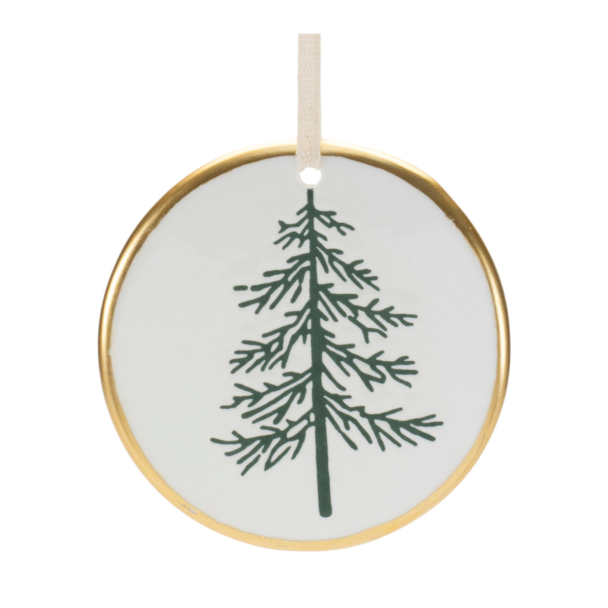 Ceramic Pine Tree Disc Christmas Ornaments, close-up of one design showing finish and detail