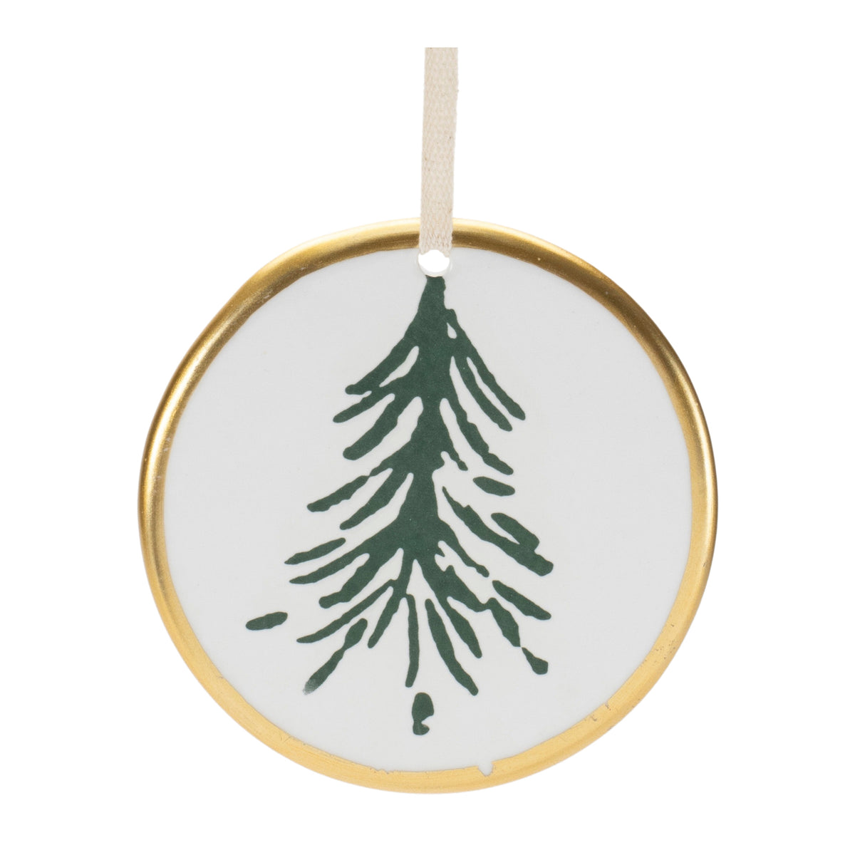 Ceramic Pine Tree Disc Christmas Ornaments, close-up of one design showing finish and detail