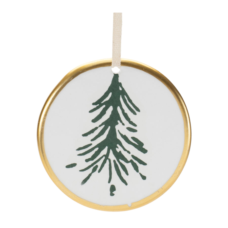 Ceramic Pine Tree Disc Christmas Ornaments, close-up of one design showing finish and detail