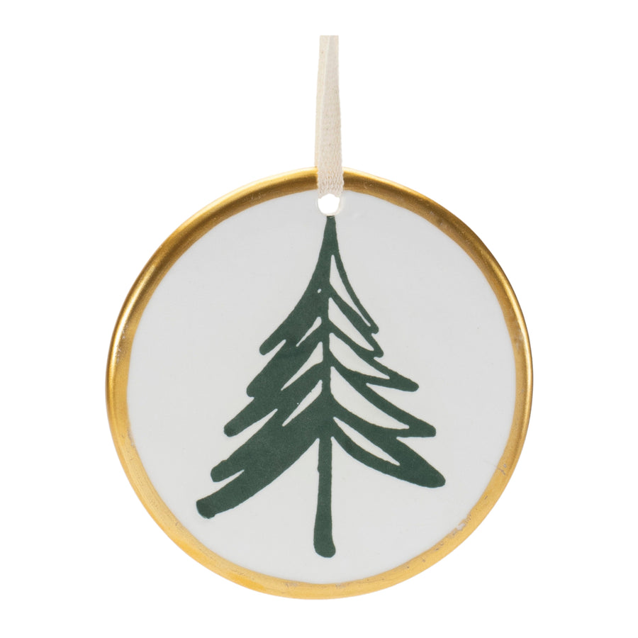 Ceramic Pine Tree Disc Christmas Ornaments, close-up of one design showing finish and detail
