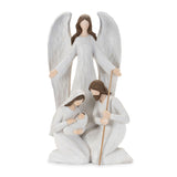 Holy Family nativity statue with Mary, Joseph and Baby Jesus and an angel standing behind, in white and beige
