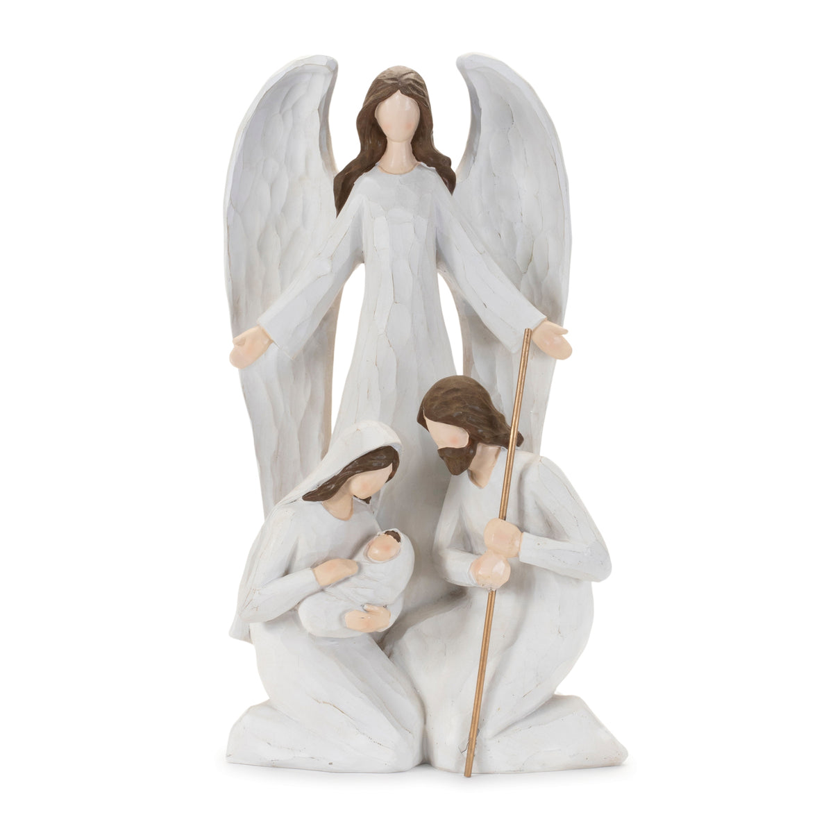 Holy Family nativity statue with Mary, Joseph and Baby Jesus and an angel standing behind, in white and beige