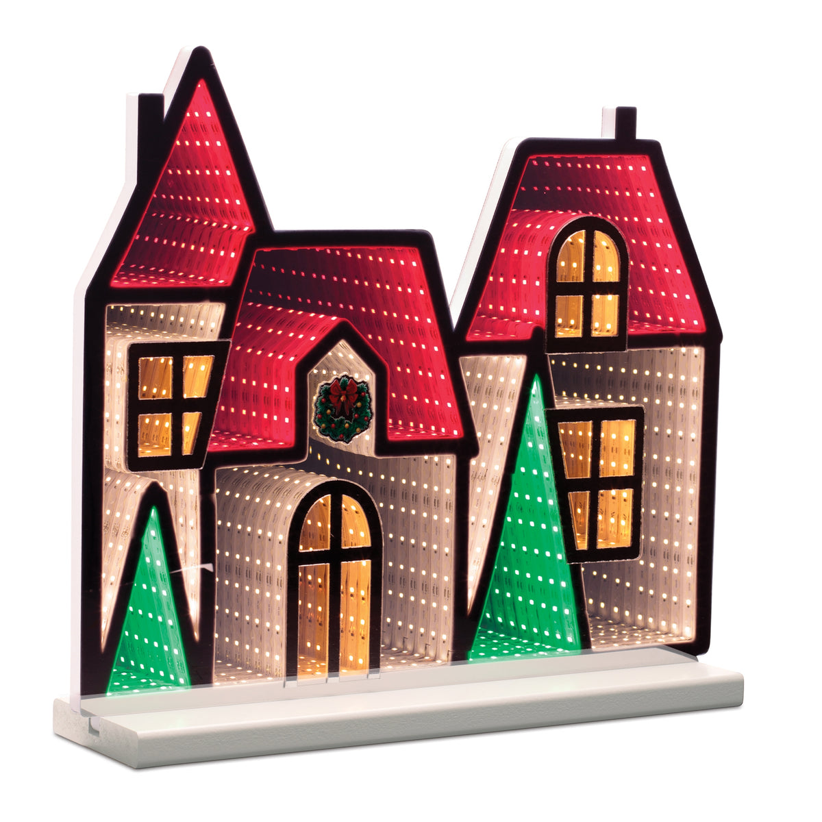 Winter Village EkkoLight house display in red with pine tree accents glowing with an infinity light effect