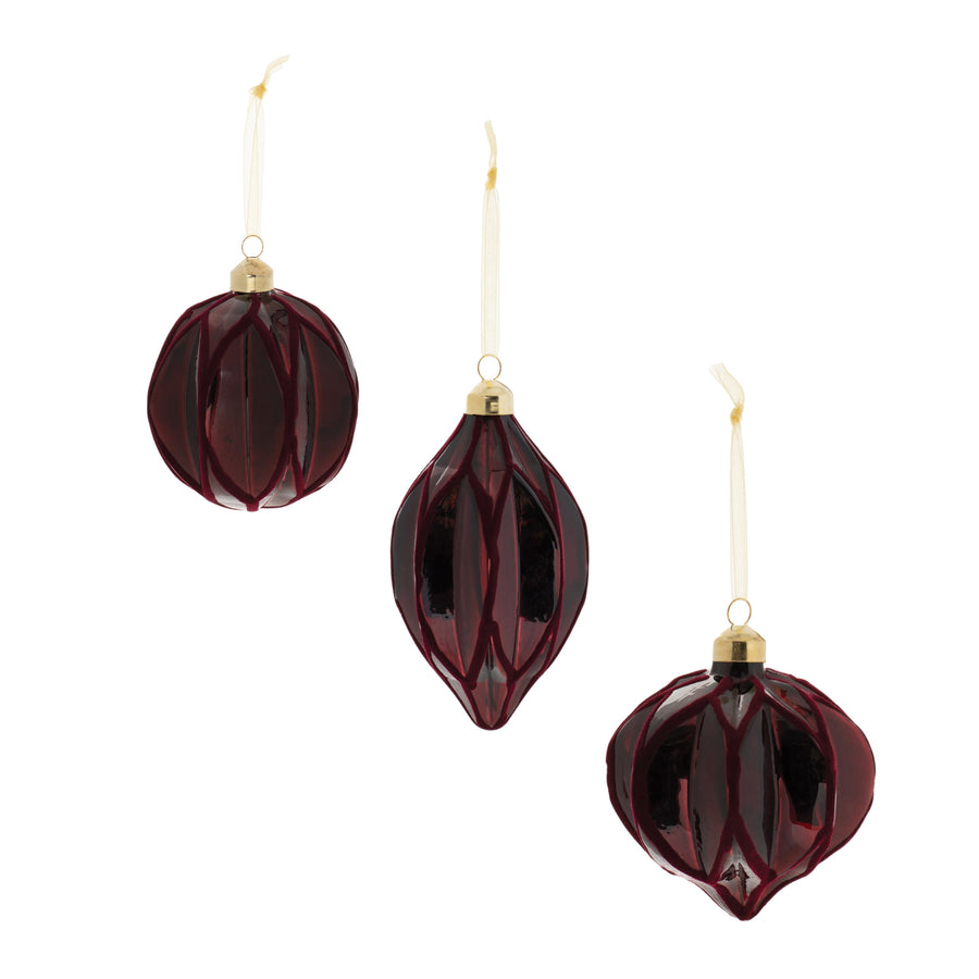 Set of 6 burgundy red ribbed glass Christmas ornaments in ball, onion and drop shapes with gold caps and ribbon hangers
