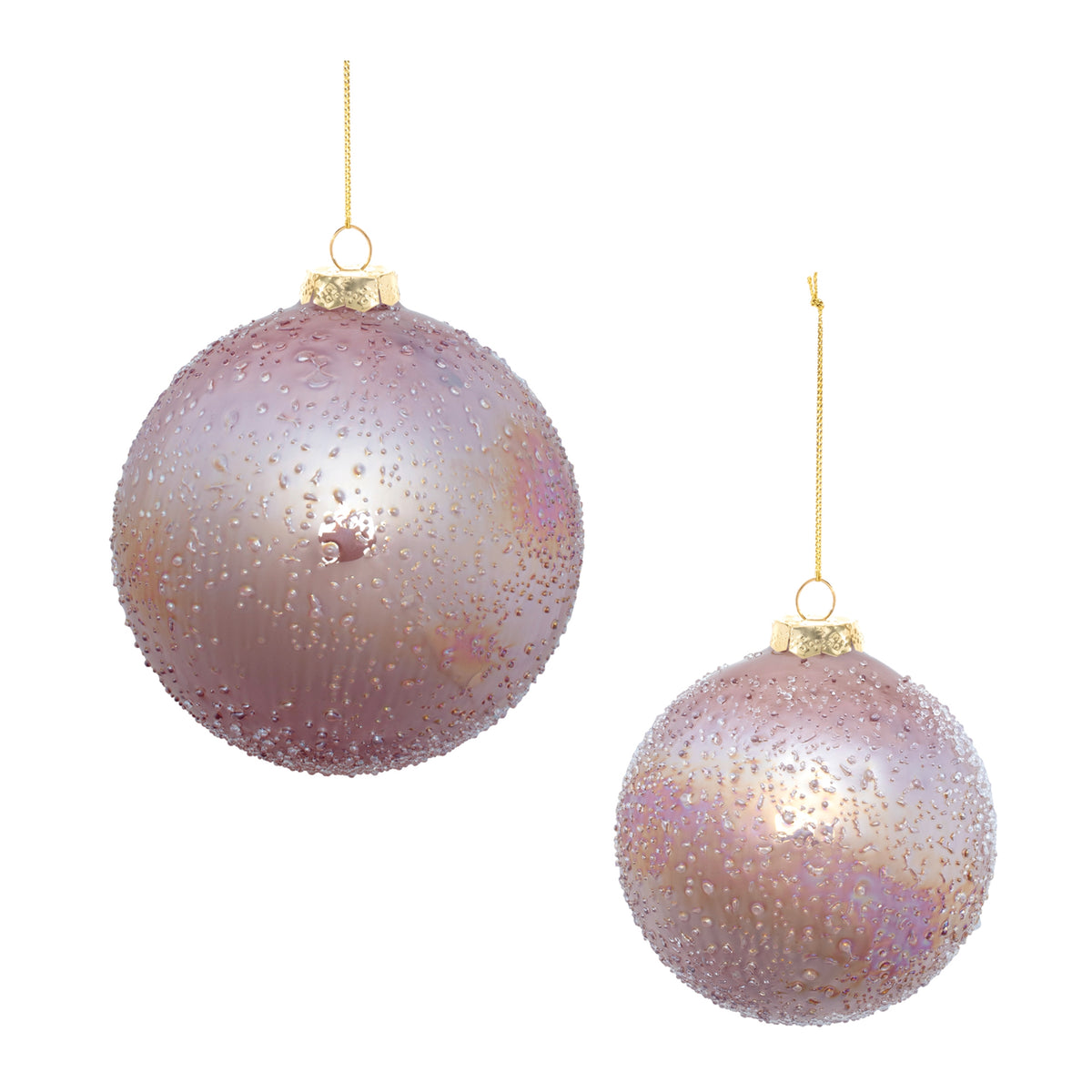 Set of 4 soft pink iridescent glass ball Christmas ornaments with bead accents and gold caps in two sizes