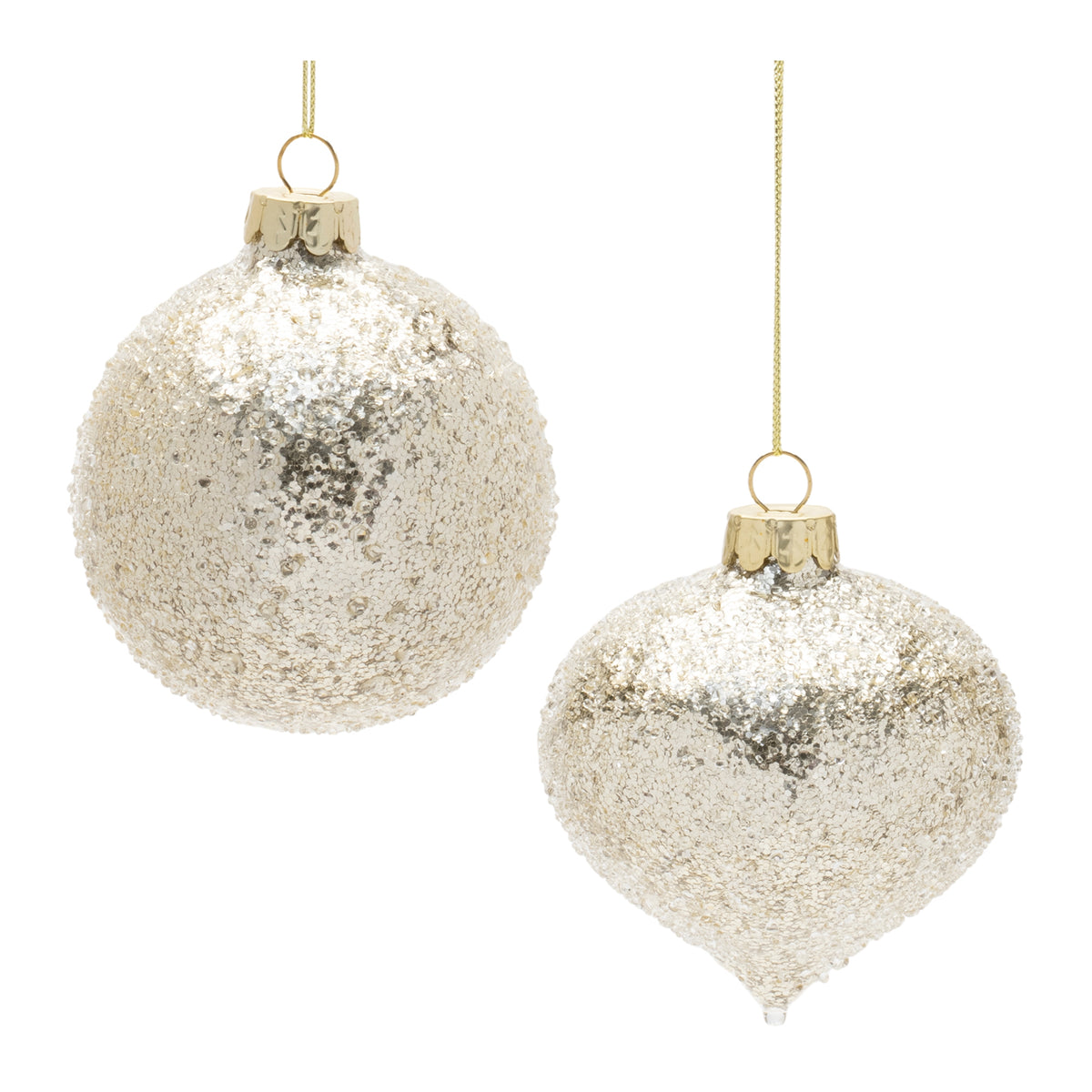 Set of 12 champagne gold beaded glass Christmas ornaments in ball and onion shapes with gold caps