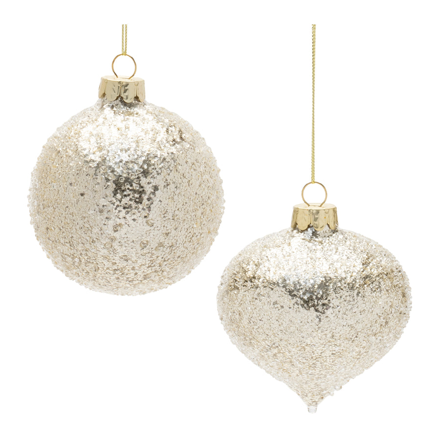 Set of 12 champagne gold beaded glass Christmas ornaments in ball and onion shapes with gold caps