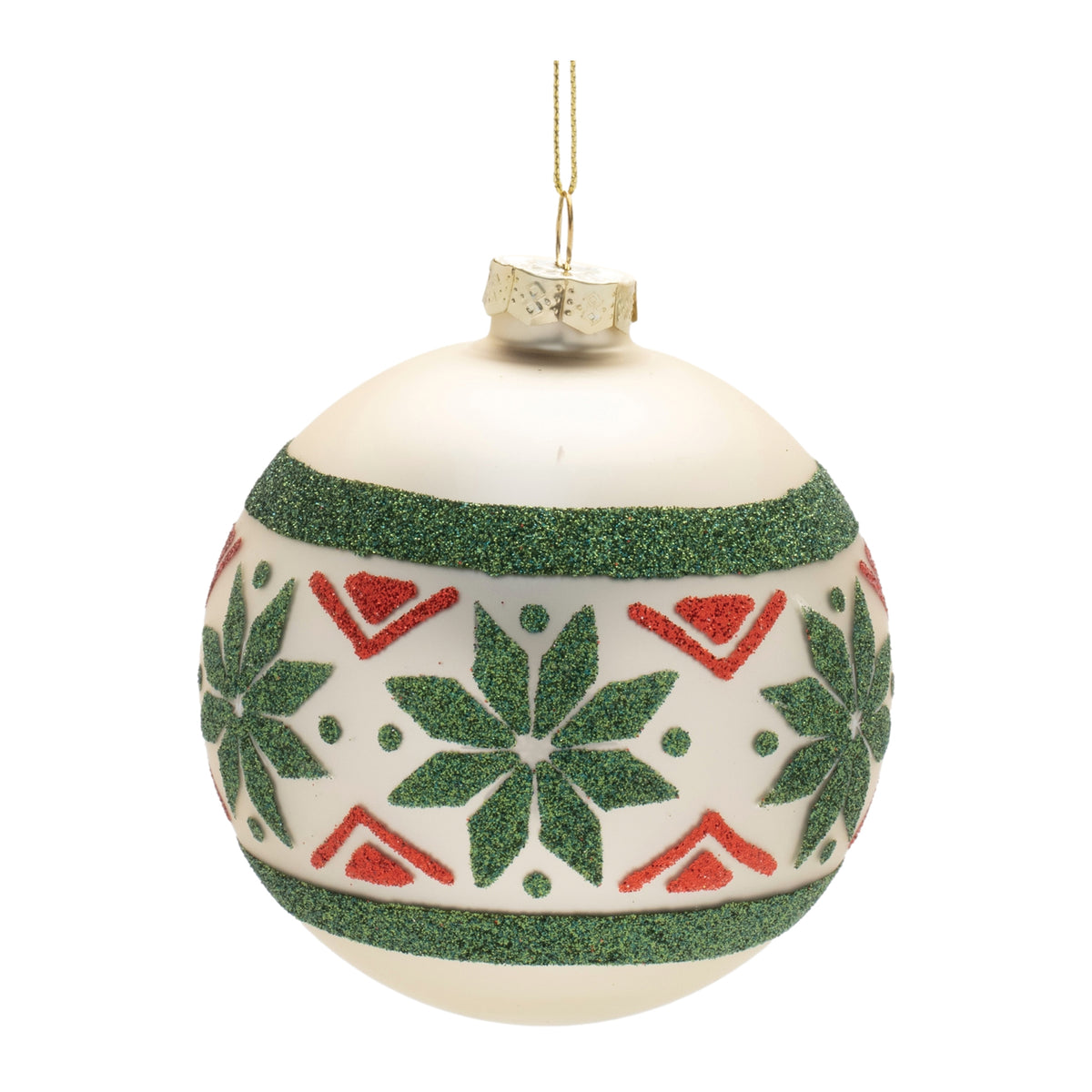 Six frosted glass ball Christmas ornaments with a red and green Nordic pattern, glittered accents, and gold caps