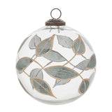 Set of 4 leaf etched glass ball Christmas ornaments in wintry green with gold accents and rustic brass caps