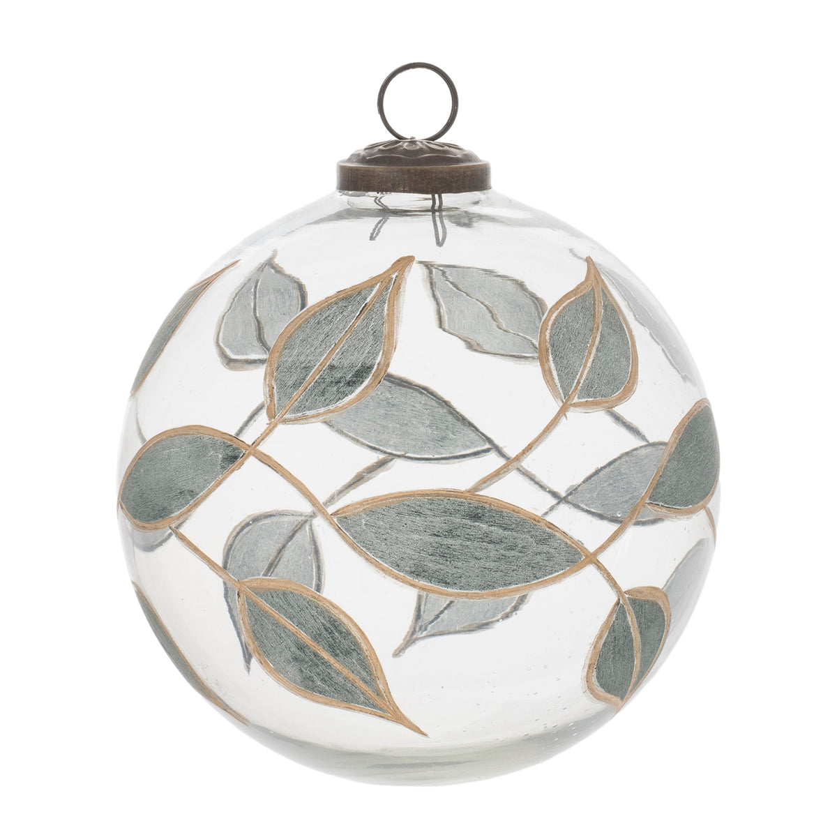 Set of 4 leaf etched glass ball Christmas ornaments in wintry green with gold accents and rustic brass caps