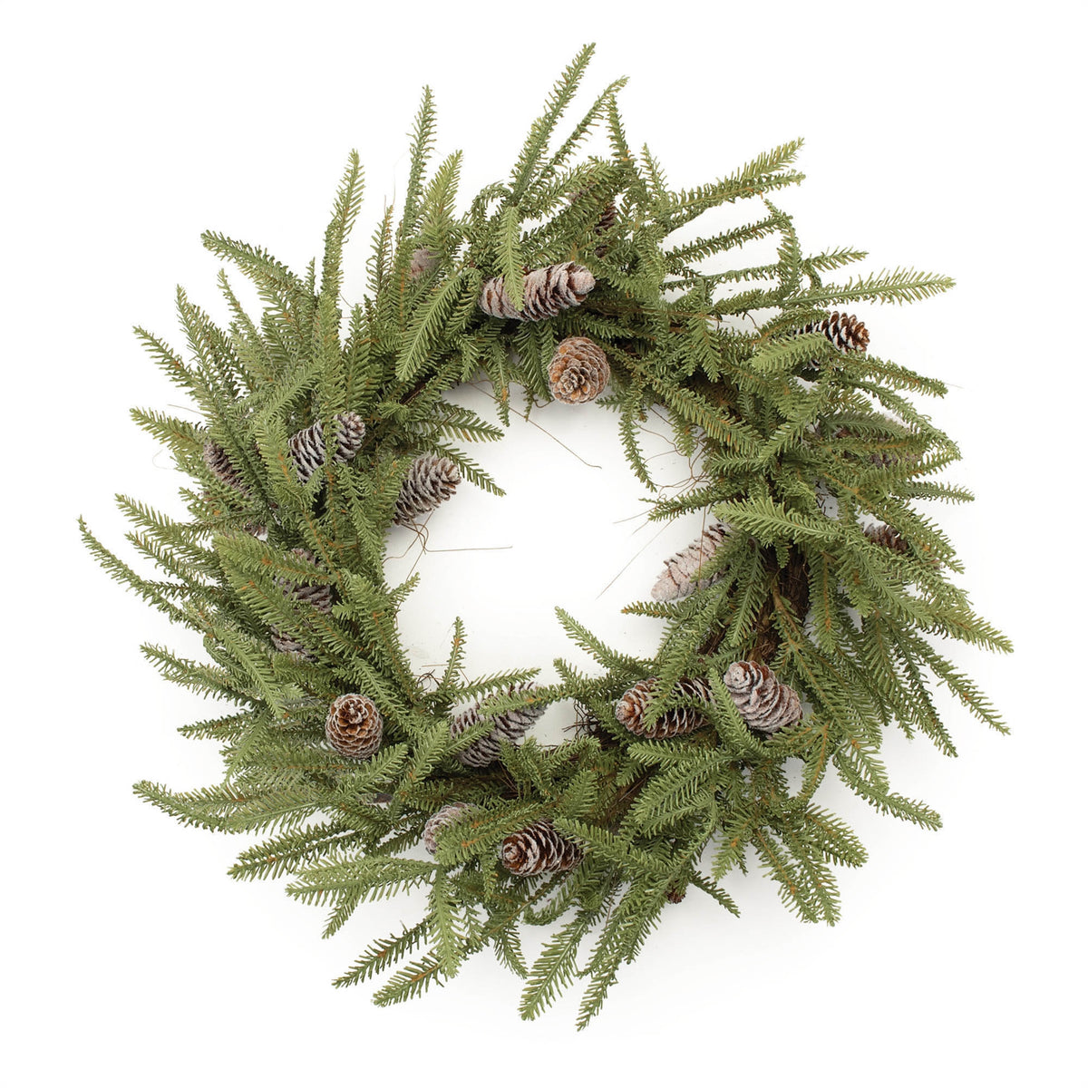 Pine and Pinecone Wreath 24 in - Green and Brown, Frosted Pinecones on a Grapevine Base for the Christmas Door