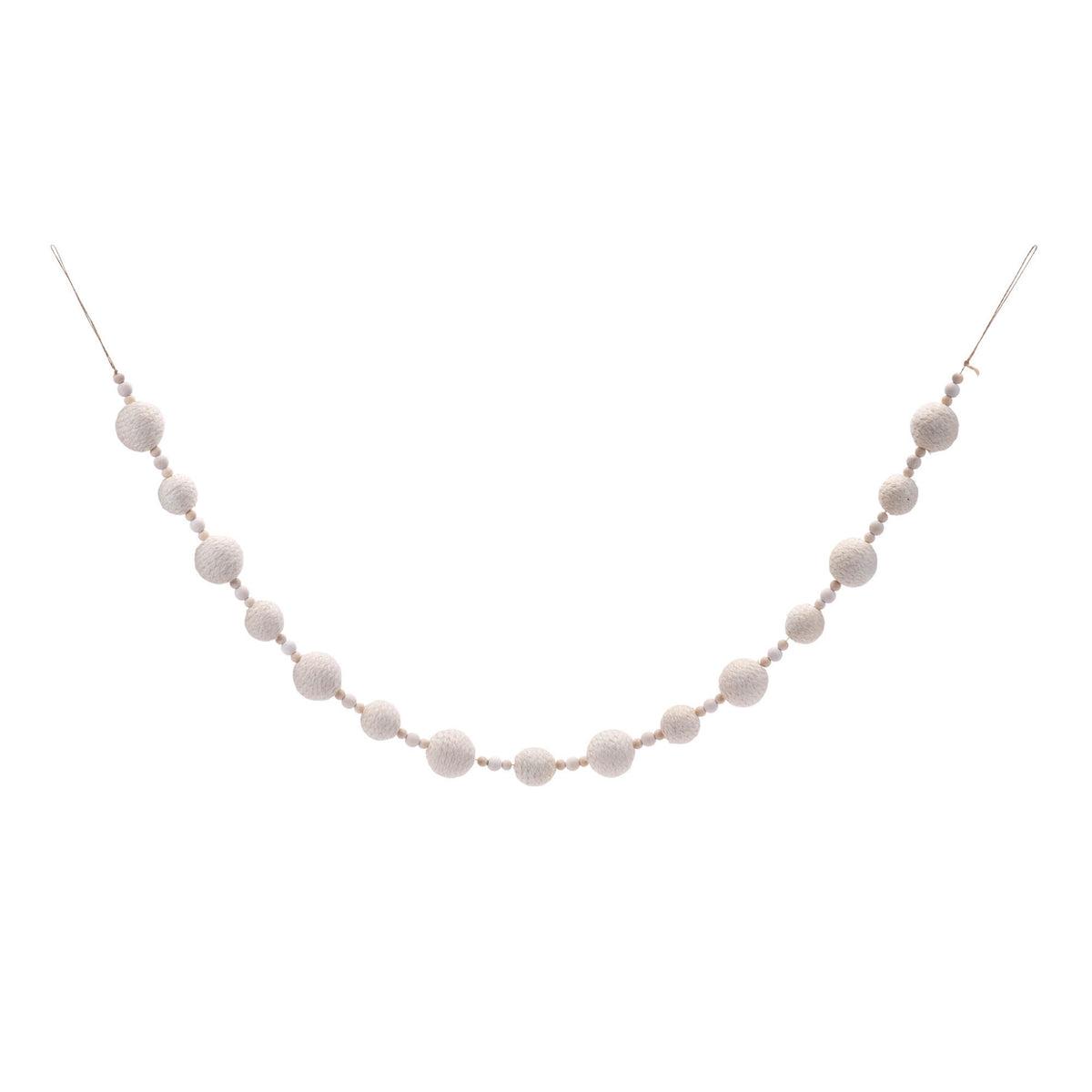 Fabric Ball String Garland Set of 2 - White and Beige with Wood Beads on Jute, 50 in Each for the Christmas Tree