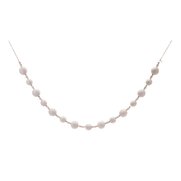 Fabric Ball String Garland Set of 2 - White and Beige with Wood Beads on Jute, 50 in Each for the Christmas Tree